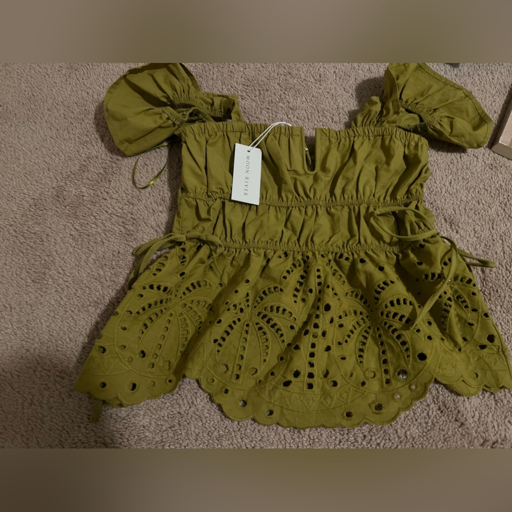 Moon River Olive Green Eyelet Peplum Top
